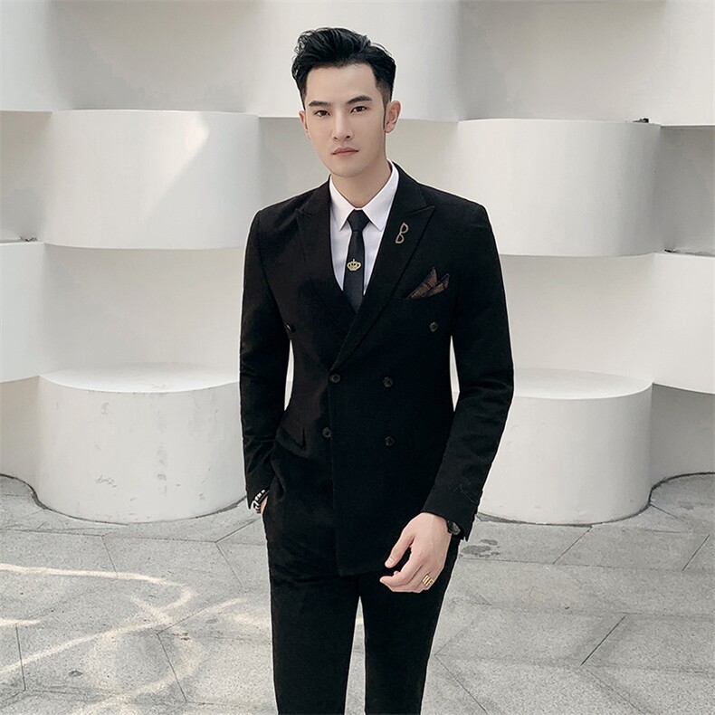 秋冬新款男士刺绣英伦西服套装双排扣西装两件套 A470-TZ28图片