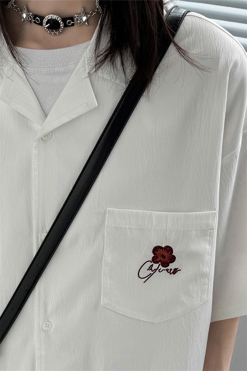 港风中性夏季新款刺绣花短袖衬衫男女装情侣冰丝半袖衬衣S313P48,男装T恤,电商A233-1
