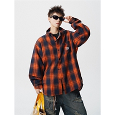 复古格子长袖衬衫男秋季百搭刺绣休闲衬衣美式情侣款上衣502特P40，男装衬衫，星座710