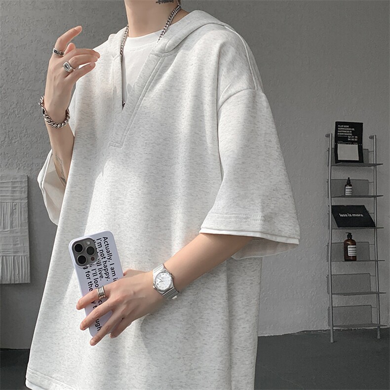 8XL-M假两件短袖卫衣连帽t恤男夏季薄款宽松大码学生半袖DT007P48图片