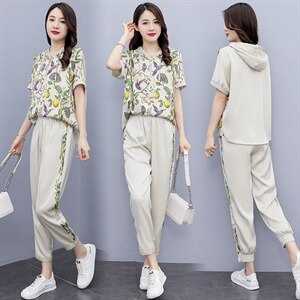 2023新款时尚醋酸印花拼接连帽气质套装2023年夏季,女装套装/套裙,奕薇雅