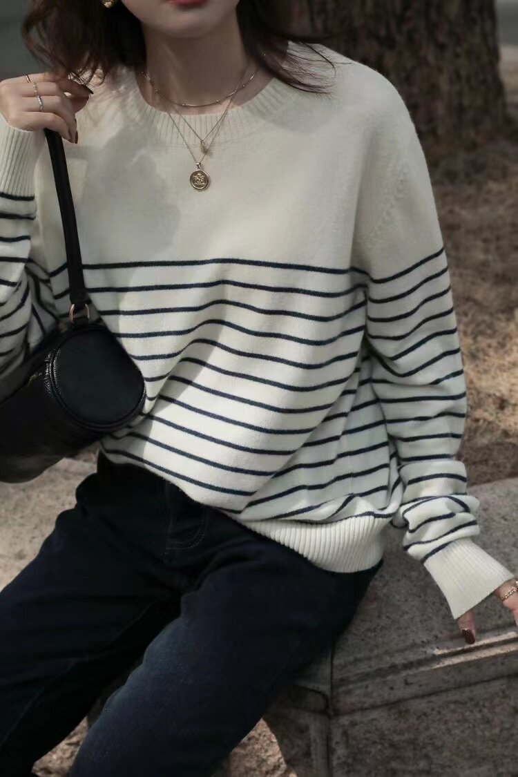 时尚百搭条纹针织衫秋季新款舒适显瘦圆领毛衣,针织衫/毛衣,恒恩羊绒