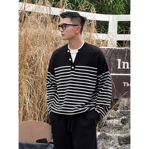NO22WEAR老钱风海魂衫高级感假两件针织衫条纹毛衣男韩系套头衣服图片