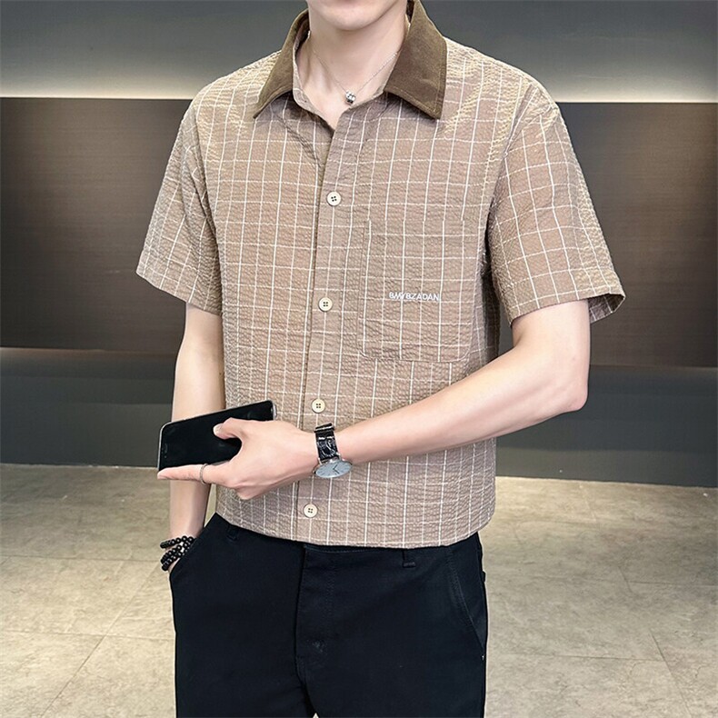 格子短袖衬衫男夏季2025新款痞帅高级感衬衣C317-C802-P50,男装衬衫,电商C317
