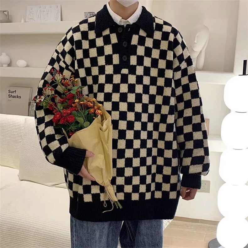 棋盘格毛衣男女针织衫秋冬季ins日系复古POLO领M191P45,男装针织衫/毛衣,星座1116-2