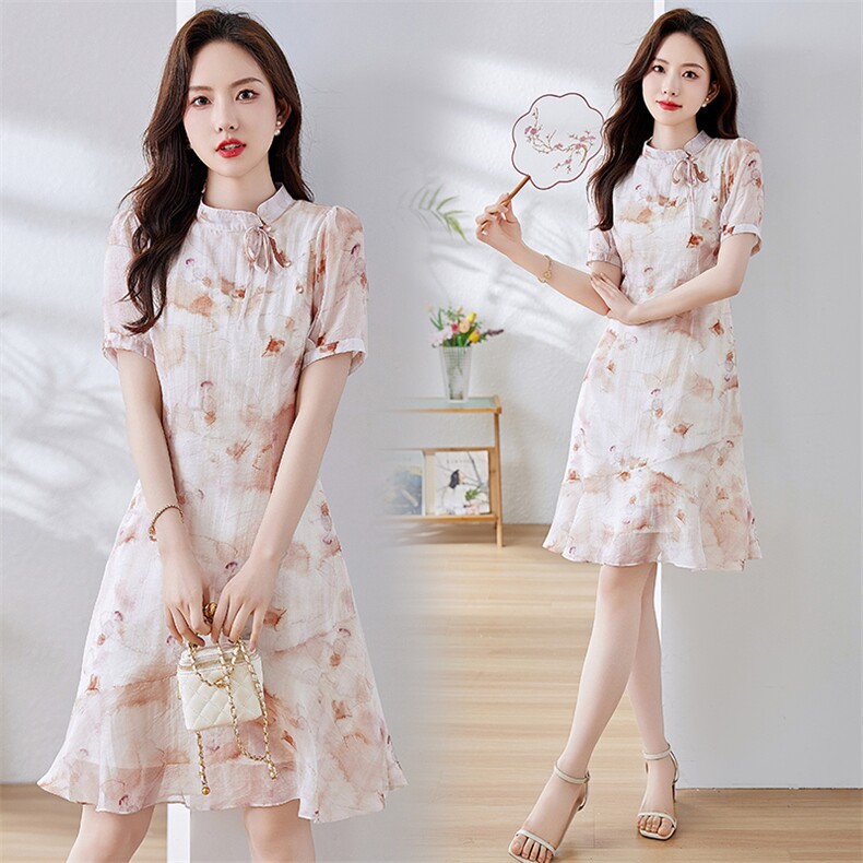 2024夏季新款简约时尚系带收腰修身显瘦中长款连衣裙，女装连衣裙，伊航服饰