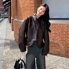 复古美式皮衣外套2025秋季新款女设计感小众宽松休闲百搭夹克上衣，女装短外套，2C170