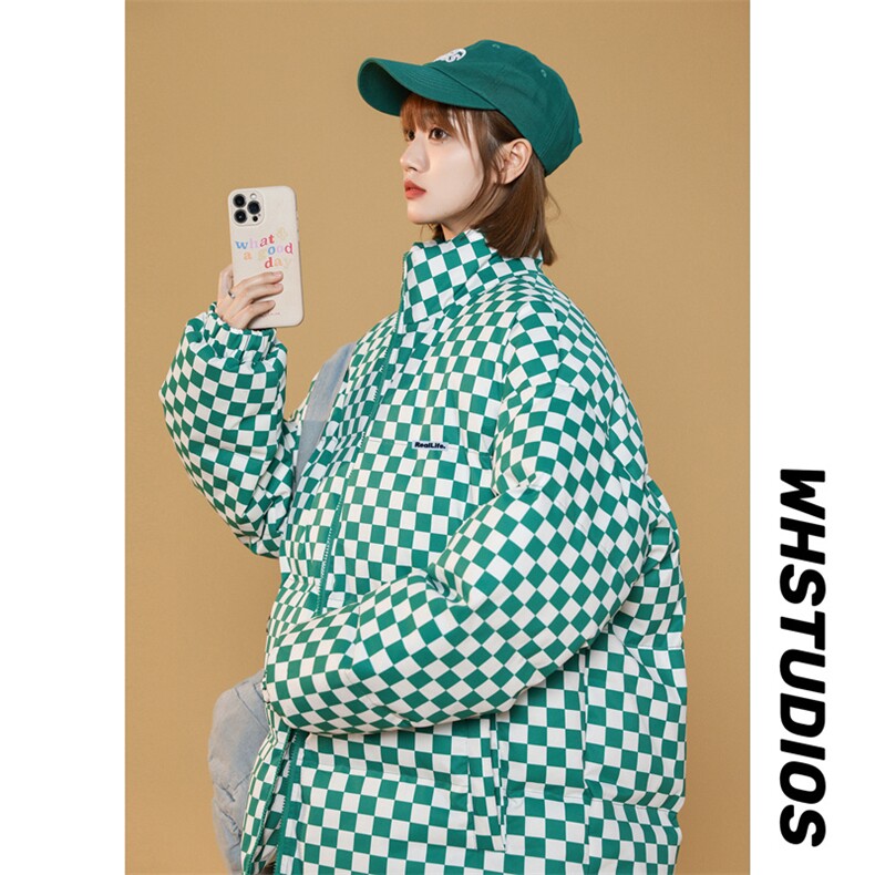 美式高街棋盘格子立领面包服男女情侣装棉服外套班服M0758-P98,男装棉衣,星座308B-1