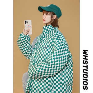 美式高街棋盘格子立领面包服男女情侣装棉服外套班服M0758-P98