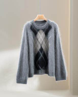 2025秋冬百搭时尚简约圆领长袖菱形羊绒衫，女装羊绒衫，伊纯羊绒