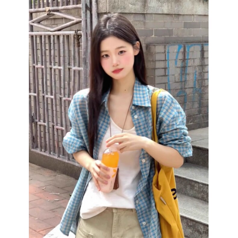 TC767-P45蓝色格子衬衫上衣女2026新款夏季薄款慵懒风休闲宽松图片