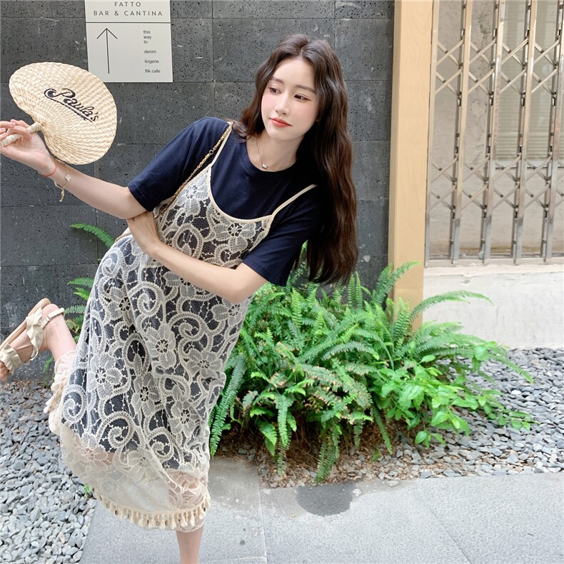 绝美流苏蕾丝拼接百搭罩衫日系套装2025新款夏季简约T恤裙两件套，女装连衣裙，维壹