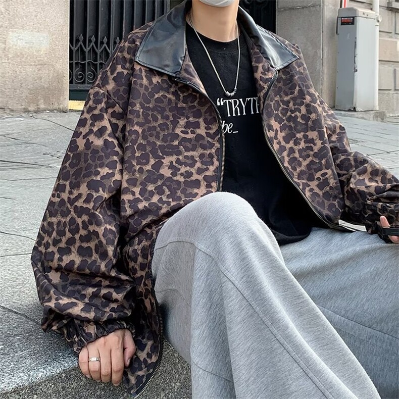 美式高街豹纹棒球服男宽松休闲痞帅pu皮撞色翻领夹克2020P56,男装夹克,星座410-2