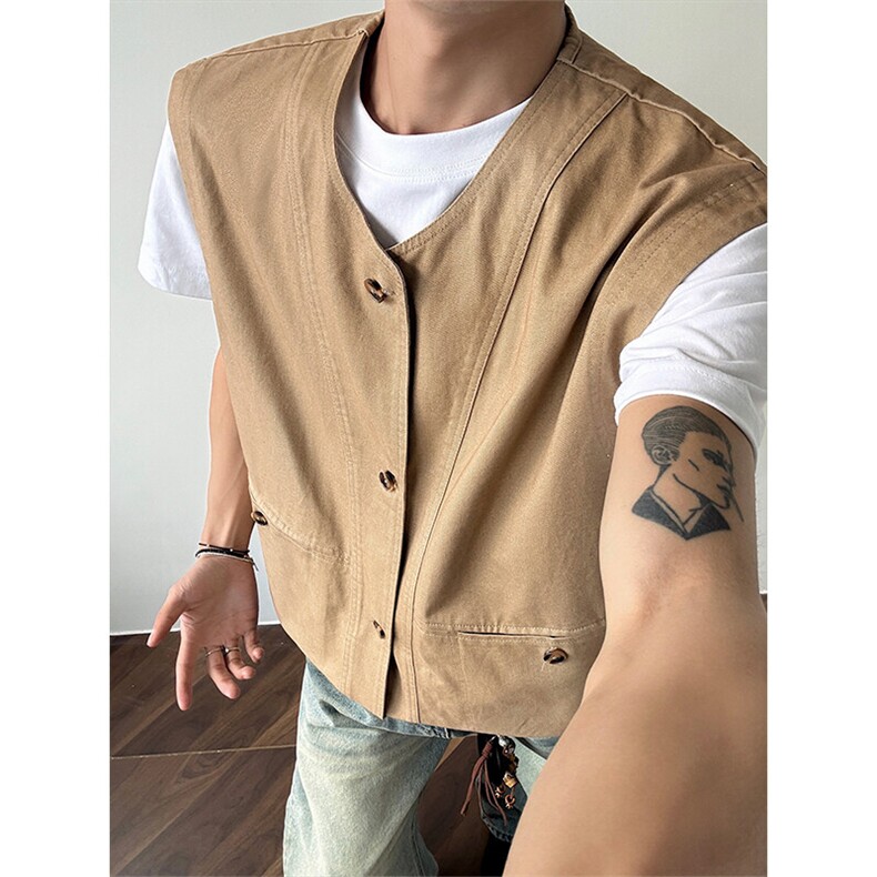 特批P65无差价夏季港风复古工装拼接马甲时尚宽松休闲上衣J5215，男装背心/马甲，电商A001