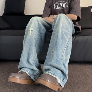 新款美式复古水洗重工牛仔裤男宽松直筒破洞牛仔裤男女N00577-p50图片