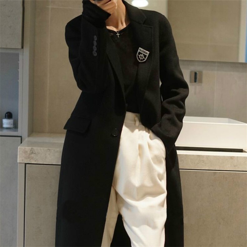 时尚保暖黑色长款毛呢大衣显瘦修身气质外套，女装毛呢外套，乾庄羊绒