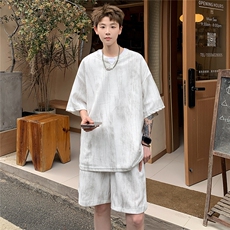 2025夏季新款扎染美式冰丝五分袖短裤套装潮流TZ5622/特P50白，男装牛仔裤，电商A094