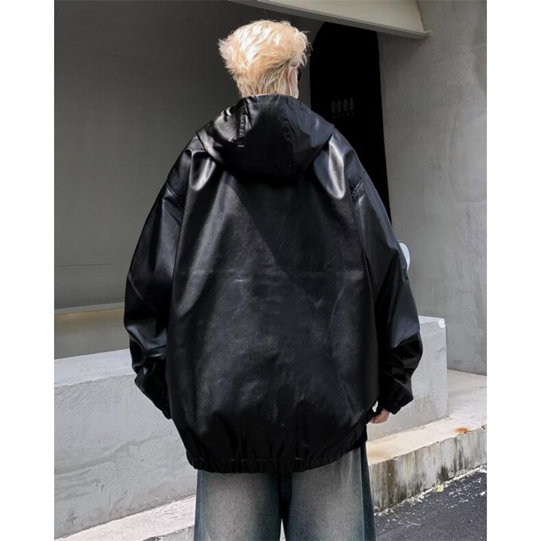 PU皮衣连帽夹克男春秋街头潮牌宽松上衣休闲宽松外套W9279-P70,男装皮衣,星座1109-3