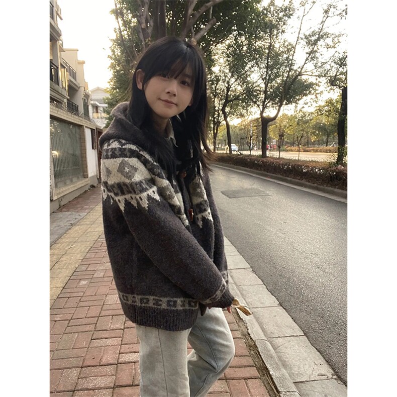 重磅北极绒座山雕大毛毛领毛衣外套冬美式复古休闲慵懒风针织开衫,男装针织衫/毛衣,电商A486