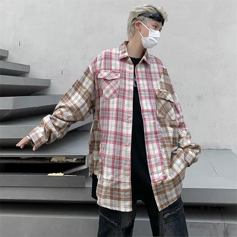 美式复古不规则拼接撞色格子衬衫HC131P48,男装衬衫,星座1116-2