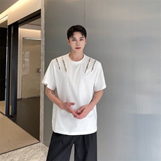 金属拉链垫肩短袖男美式复古男生小众设计感痞帅T恤A345-500-P80，男装T恤，电商A345