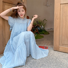 蓝色小个子巨好看的法式初恋裙子女2025夏季新款飞飞袖天丝连衣裙，女装连衣裙，2C123
