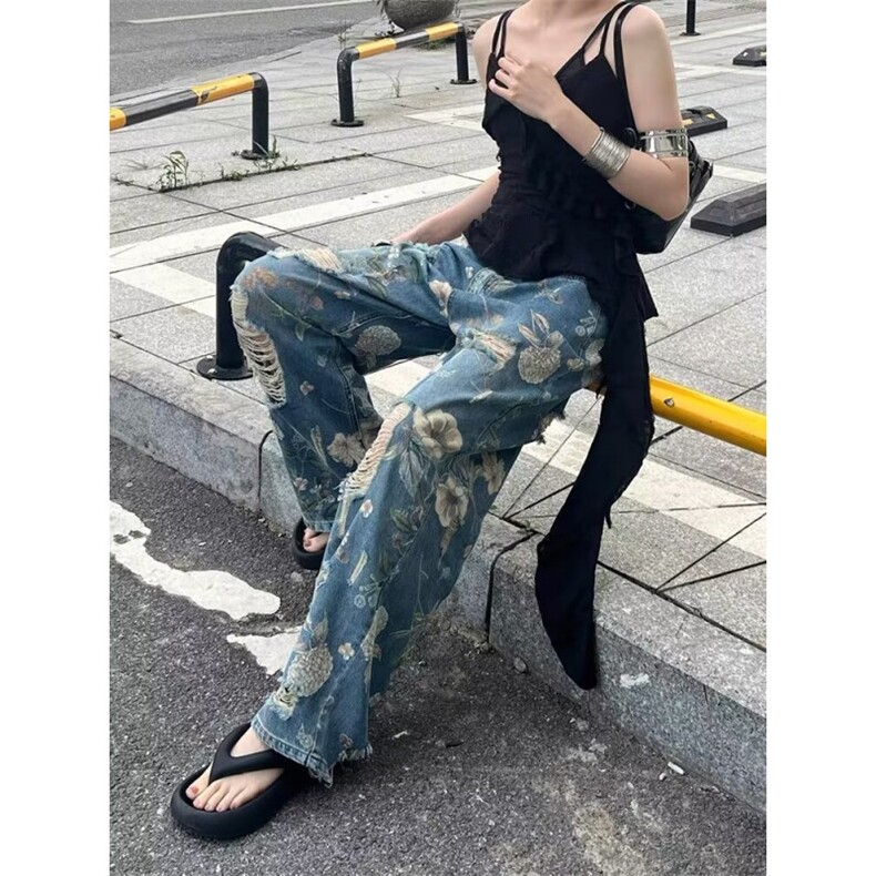 网络图现货!美式高街花卉印花破洞牛仔裤男女阔腿裤RK532-P60,男装牛仔裤,星座1005-6
