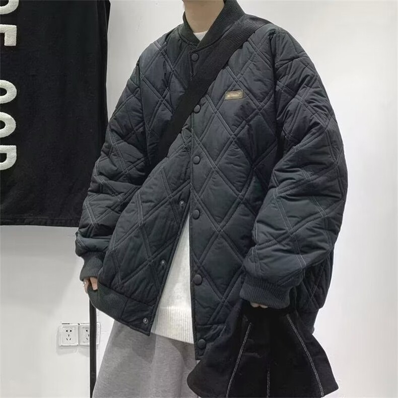 秋冬季日系高街菱格棒球棉服外套男韩版复古宽松休闲加厚保暖棉衣,男装棉衣,星座1210-1
