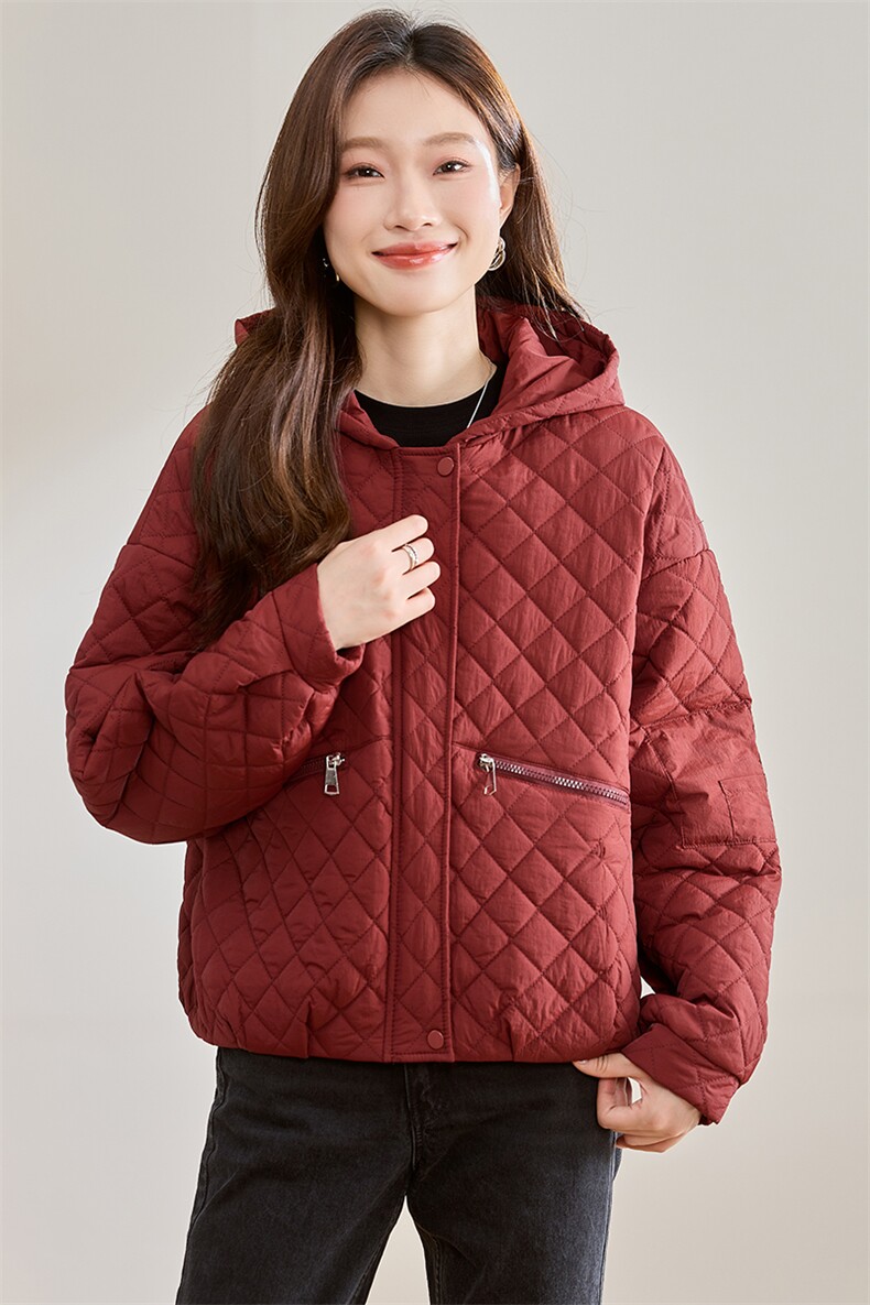 红色轻薄棉衣外套女2024冬季新款洋气百搭显瘦夹棉菱形格连帽棉袄,女装棉衣/棉服,文熹诺