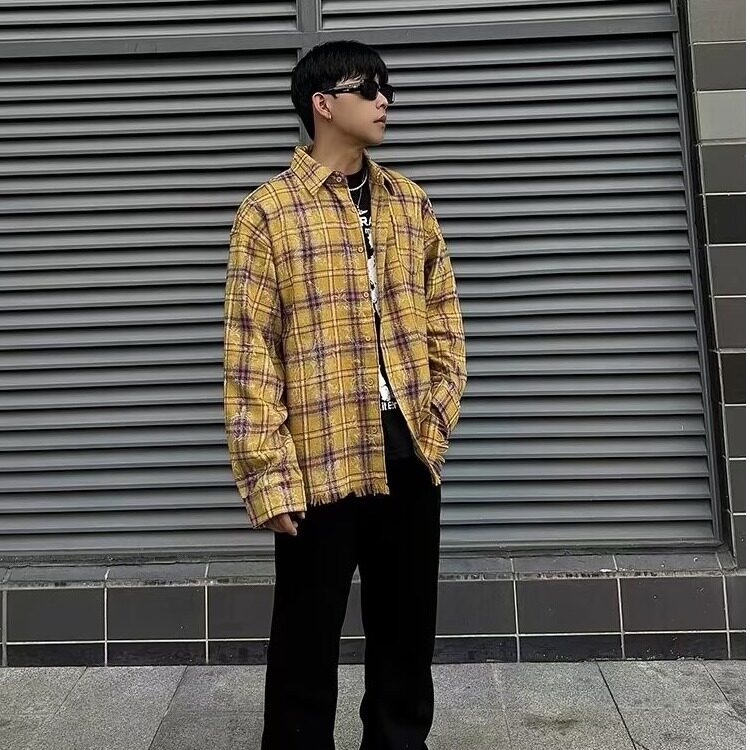 美式复古黄色格子花纹破边长袖衬衫男款潮流宽松休闲百搭情侣衬衣,男装衬衫,星座506A