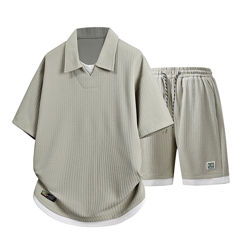 立体得物套装夏季潮牌痞帅宽松拼接短袖休闲两件套A436-T09-P65,男装休闲套装,电商A436