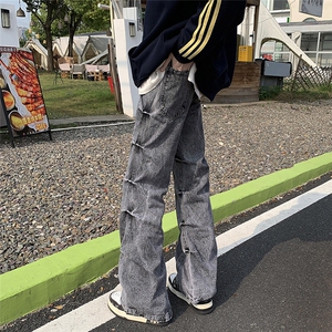 美式复古牛仔裤男春秋废土风褶皱设计感喇叭宽松直筒裤N1705-P55图片