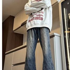 格子牛仔裤男冬季提花渐变水洗微喇裤秋冬款美式高街修身直筒裤子，男装牛仔裤，星座506A