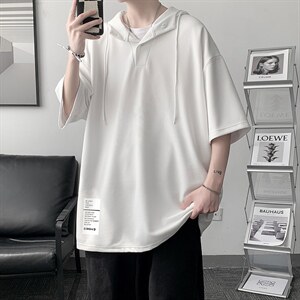 LD54045-P45 连帽短袖t恤男大码胖子带帽五分袖中袖 大皂风图片
