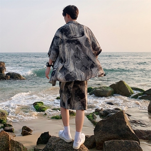 特批P45无差价夏新中式设计感短袖衬衫短裤男士冰丝垂感套装TZ082