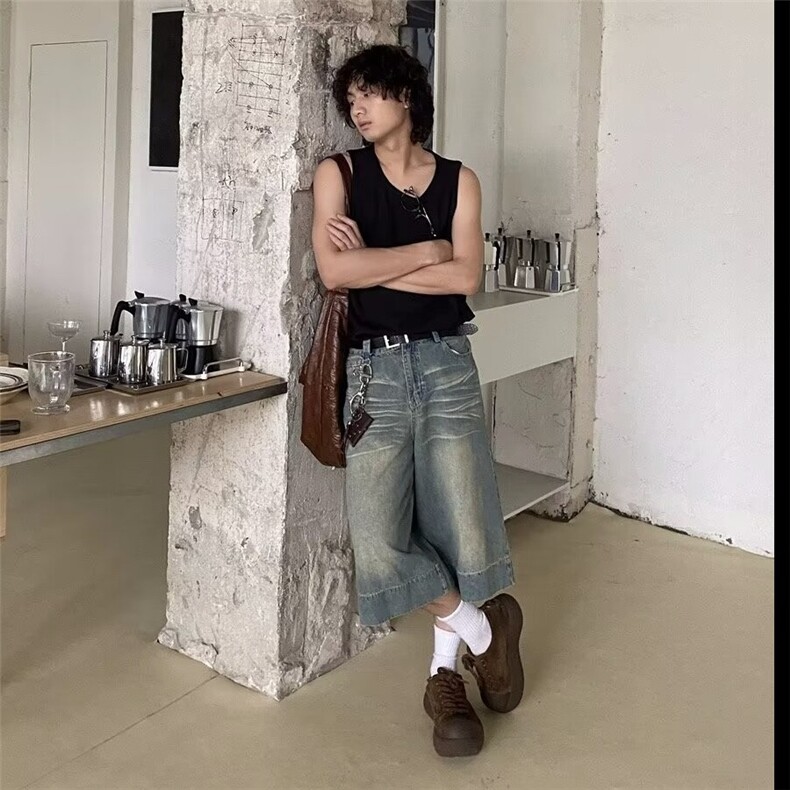 夏季薄款破洞牛仔短裤男美式复古宽松中裤潮牌街头百搭五分裤,男装牛仔裤,星座506A