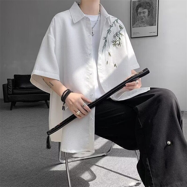 网络图现货风汉元素竹子刺绣春秋宽松百搭长袖衬衫JY36-P30,男装衬衫,星座715-7