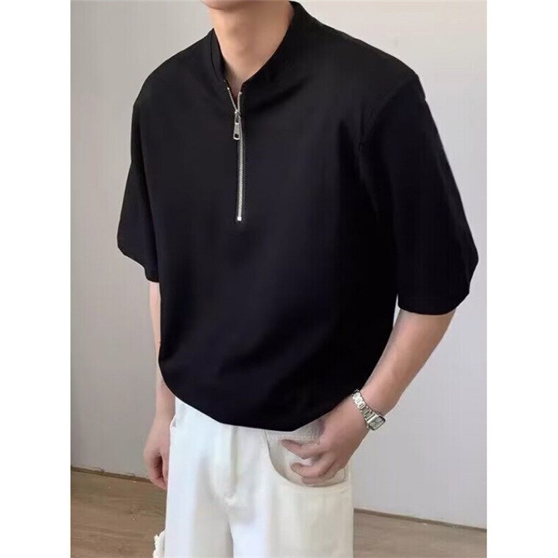 夏季日系薄款拉链爽滑肌理感短袖t恤男生宽松休闲纯色外穿TE61,男装T恤,星座1116A（原606A-3）