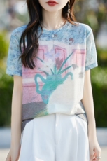 复古印花冰丝针织短袖T恤女2025夏薄圆领宽松时尚洋气小衫上衣t恤，女装T恤，昭美羊绒