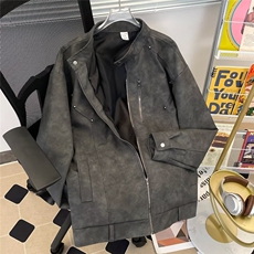 黑灰色晕染皮衣外套男春秋拉链棒球服设计感痞帅pu皮夹克-JK9302，男装夹克，星座601-2