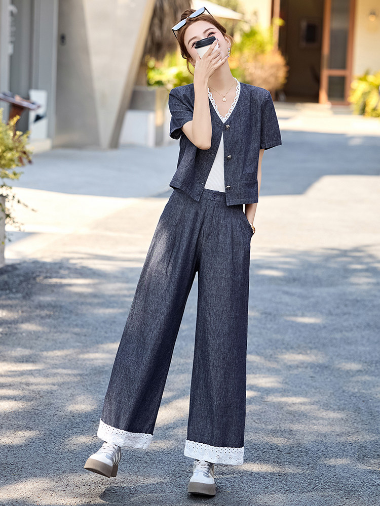 牛仔套装女2025夏季新款韩系小香风气质蕾丝九分阔腿裤穿搭一整套,女装套装/套裙,布芭啦