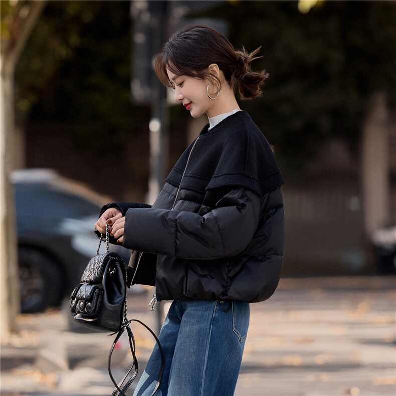 黑色短款休闲拼接羽绒服女2026冬季新款圆领休闲百搭上衣,女装羽绒服,梦懿尔