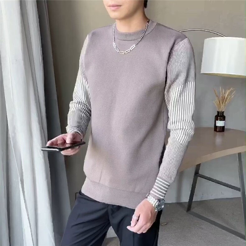 条纹拼接小领口毛衣男网红慵懒假两件内搭针织衫秋冬上衣Q116-P40,男装针织衫/毛衣,星座1109-3