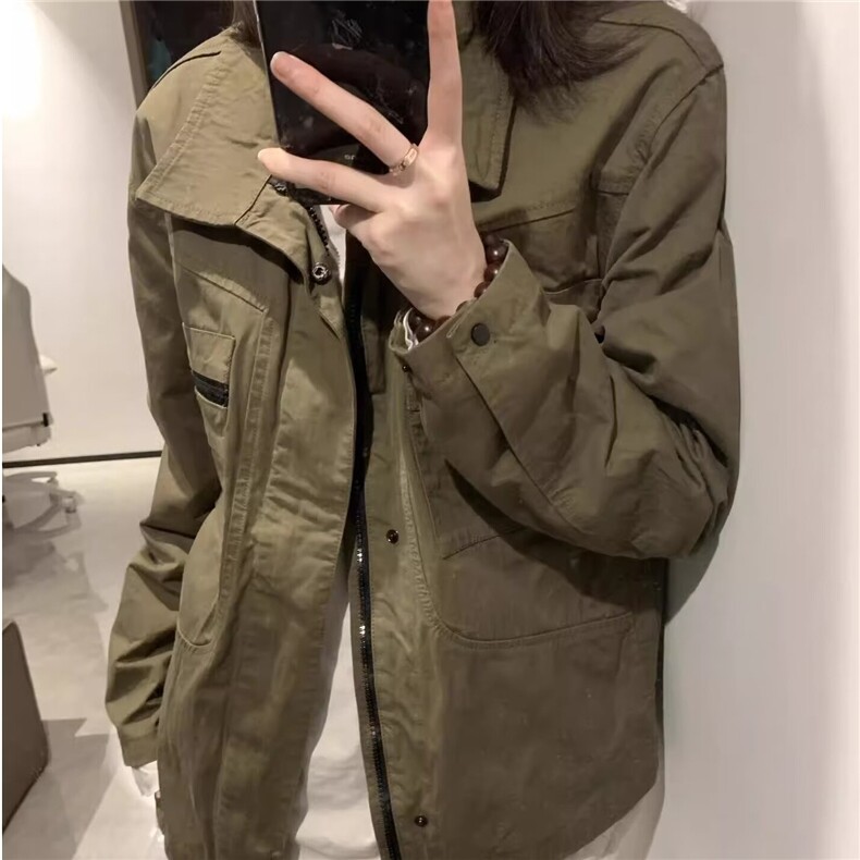春秋美式复古设计感军绿色工装外套薄款翻领棒球服夹克潮流帅气,男装夹克,星座218-1（原230）