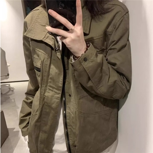 春秋美式复古设计感军绿色工装外套薄款翻领棒球服夹克潮流帅气图片