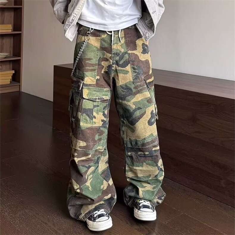 春秋季新款休闲美式高街复古迷彩水洗宽松直筒工装牛仔裤,男装牛仔裤,星座410-6（原星座1304-1）