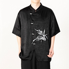 风男士大码休闲个性立领短袖衬衫简约兰花刺绣上衣T2521-P65，男装衬衫，电商A021
