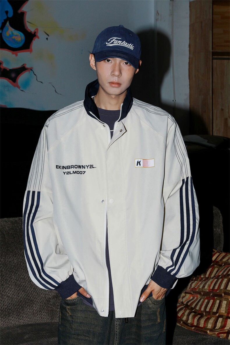 港风美式复古印花字母图案设计双袖三杠织带夹克男JK77766P75控98,男装夹克,星座226-1