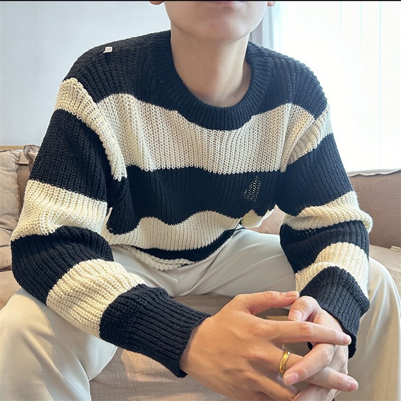 024毛衣男秋冬保暖宽松打底线衣韩版休闲撞色潮牌条纹圆领针织,男装T恤,星座218-1（原230）