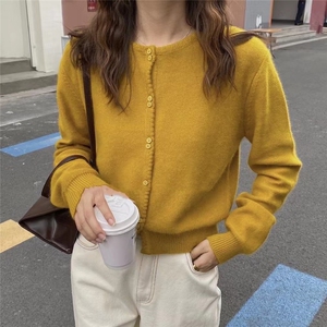 时尚百搭纯色羊毛开衫女长袖秋冬新款简约气质外套图片